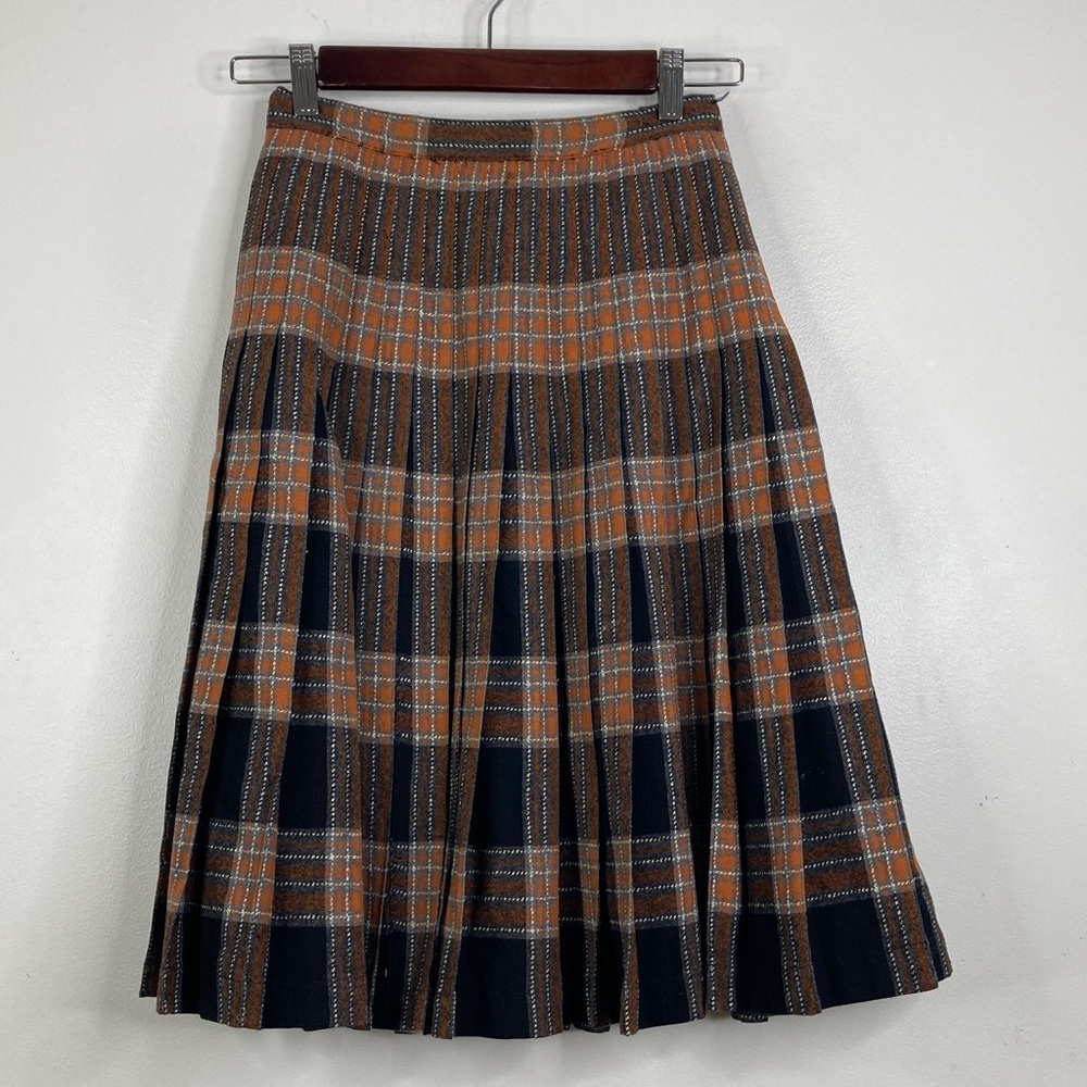 Vintage Pleated Skirt Womens XS Brown Black Wool Plaid Reversible Midi Preppy